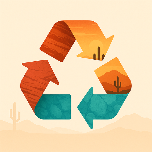 Arizona-themed recycling symbol with arrows textured as red sandstone cliffs, desert sunset with saguaros, and turquoise stone, set on a light desert background.