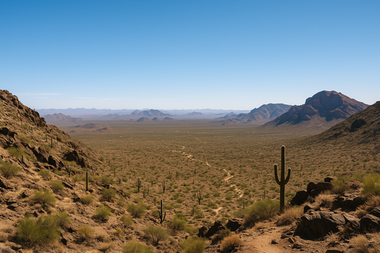 Midday view from a rocky Arizona ridge, looking over a vast desert valley dotted with saguaros and winding trails, with distant mesas and rugged mountains beneath a clear blue sky.