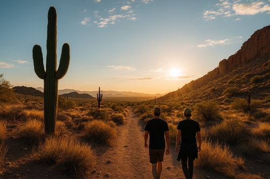 Two people in black t-shirts and khaki hats walk along a dusty desert trail at sunrise in Arizona, surrounded by saguaros, golden grasses and red-rock cliffs under a blue sky with scattered clouds.