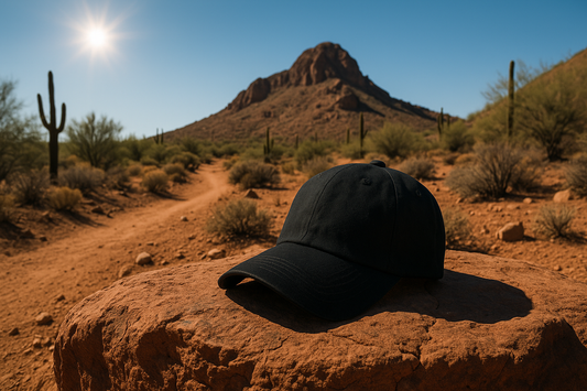 Eco-friendly organic cotton hat resting on desert rock under golden Arizona sunlight, symbolizing durability and heat-friendly design for desert living