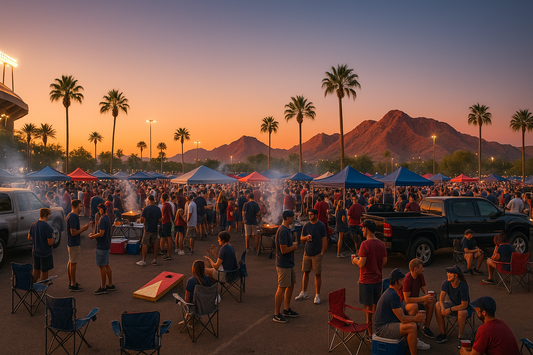 Arizona tailgate with fans grilling, playing games, and relaxing under tents, desert sun with palm trees and mountains.