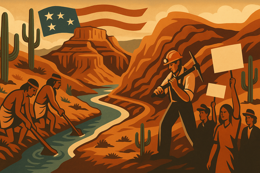 Illustration showing Arizona in American history with Indigenous canal builders, copper miners, the Grand Canyon, and civil rights protestors in a vintage desert landscape style.
