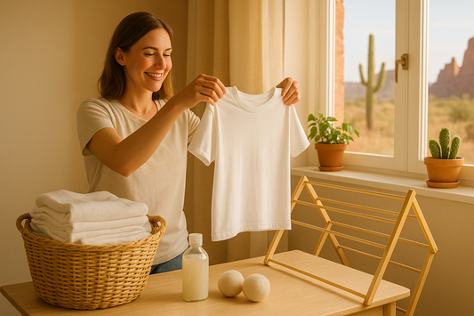 Smiling woman hangs a white organic cotton T-shirt in a sunlit Arizona home with laundry, eco-friendly detergent, and desert views.