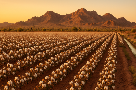 Southern Arizona cotton fields at sunset, with white cotton bolls, desert mountains, saguaros, and an irrigation canal.