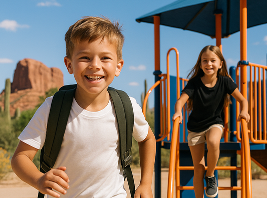 Smiling kids on an Arizona playground wearing organic cotton t-shirts in white and black. Boy runs with backpack, girl climbs play equipment with desert plants and red rock formations in the background.