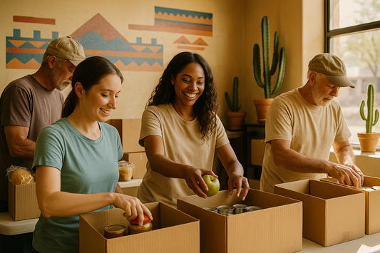 Four Arizona community volunteers packing food donations into cardboard boxes inside a sunlit community center with potted cacti and southwestern mural accents in the background.