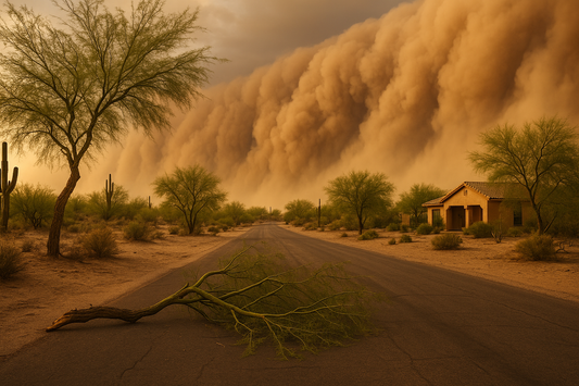 A broken palo verde branch lies on a desert road in suburban Phoenix as a massive orange haboob towers in the background.