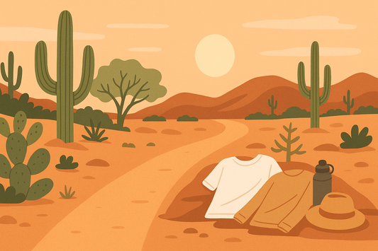Stylized illustration of an Arizona desert trail at golden hour, with breathable shirts, a hat and water bottle placed in the shade representing the practical gear and habits locals rely on to stay cool during the state’s hottest months.