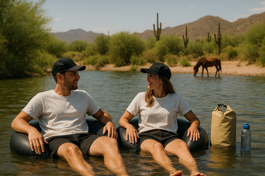 Two friends float down Arizona’s Salt River in white tees, black hats and mesh shorts, with desert scenery, a grazing wild horse and gear drifting nearby.