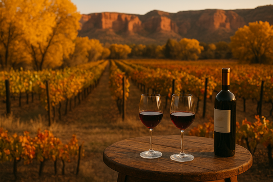 Wine glasses on a rustic table overlooking Verde Valley vineyards and golden fall foliage against red rock cliffs.