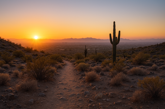 Sunrise over Phoenix from a desert trail, with golden light illuminating saguaros, creosote bushes and distant mountains under a clear Arizona sky.