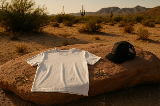 A white organic cotton T-shirt lies on warm sandstone beside a black trucker hat, surrounded by Sonoran Desert elements like mesquite leaves, shrubs and distant saguaros in soft golden light.