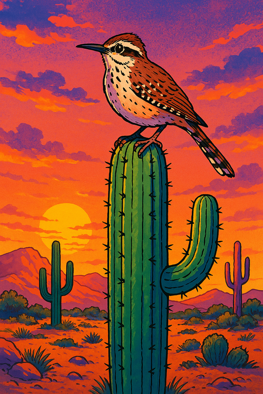 Arizona Cactus Wren perched on a saguaro cactus at sunset, symbolizing resilience in the Sonoran Desert.