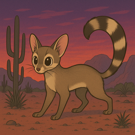 Cartoon-style ringtail with large eyes and striped tail standing in the Arizona desert at sunset, surrounded by saguaros and mountains – artwork for Zonies Clothing Ringtail Collection.