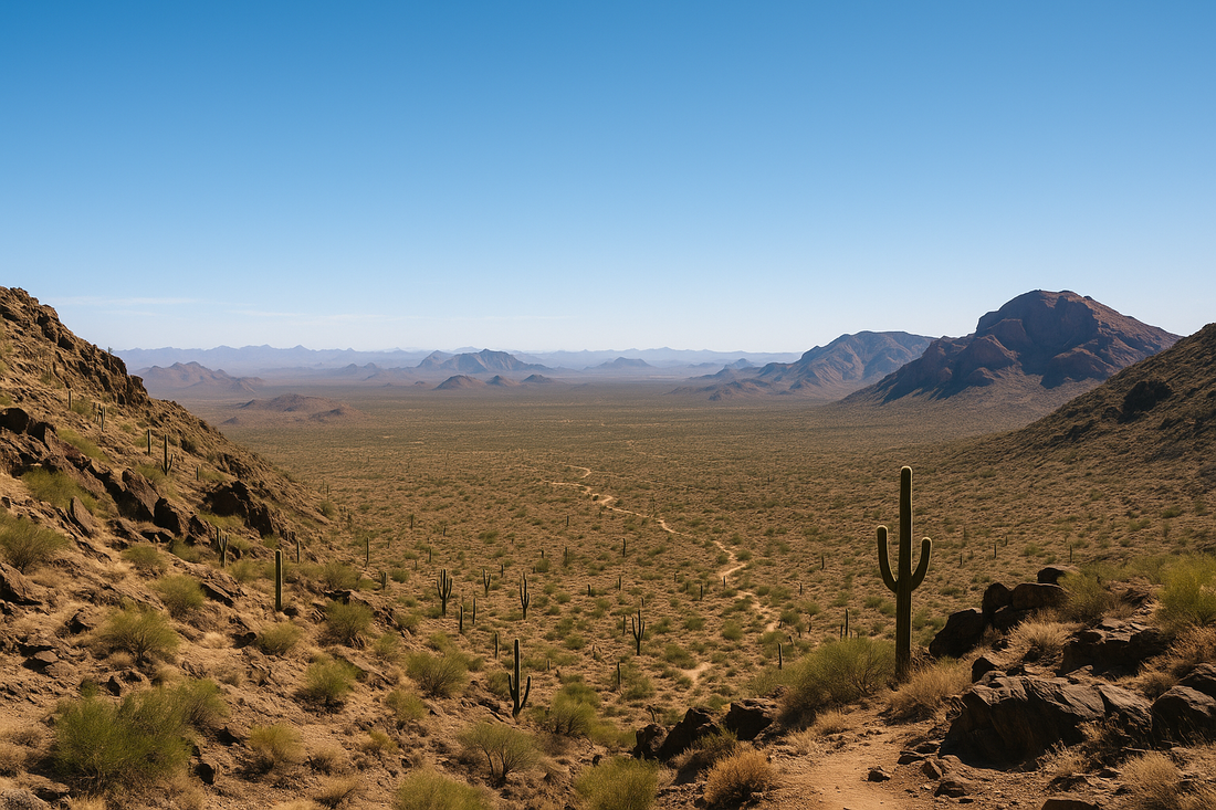 Midday view from a rocky Arizona ridge, looking over a vast desert valley dotted with saguaros and winding trails, with distant mesas and rugged mountains beneath a clear blue sky.