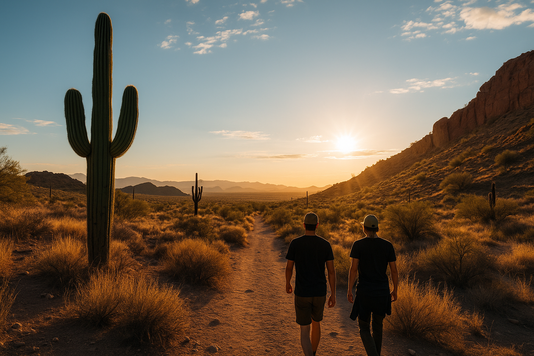 Two people in black t-shirts and khaki hats walk along a dusty desert trail at sunrise in Arizona, surrounded by saguaros, golden grasses and red-rock cliffs under a blue sky with scattered clouds.