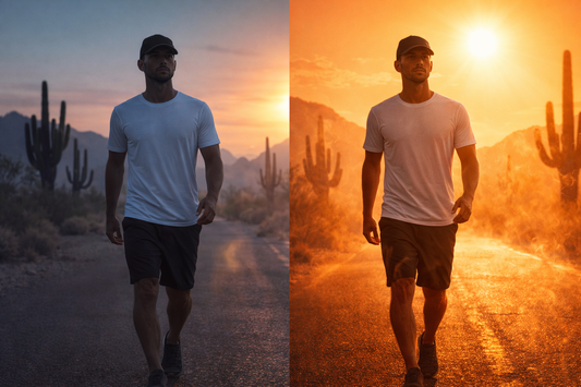Man walking through Arizona desert from cool morning into intense midday heat, wearing breathable clothing that stays comfortable in both conditions.