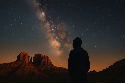Silhouetted person in a hoodie stargazing under the Milky Way above Sedona’s red rocks in warm desert light.