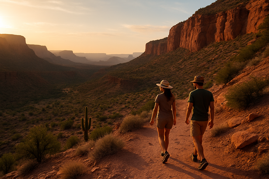 Wide view of two people walking on a desert trail in Arizona wearing light T-shirts and hats with cacti and cliffs in the background