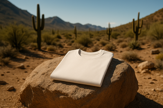 A plain white sustainable T-shirt folded neatly on a desert rock with saguaros and mountains in the background, symbolizing the durability and long-term value of clothing built to withstand Arizona’s harsh climate.