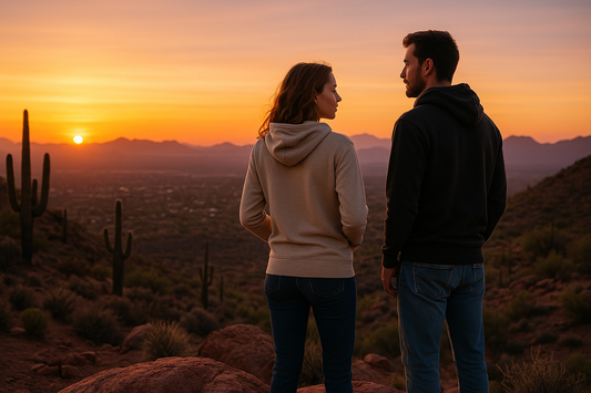 Two people in sustainable hoodies watch an Arizona desert sunset, reflecting the “Desert Nights, Cool Mornings” theme of layering for shifting temps.