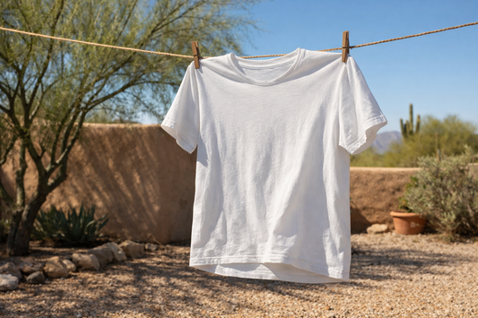 White organic cotton T-shirt air drying on a clothesline in an Arizona backyard, sunlit desert setting with palo verde trees, gravel ground, and clear blue sky.