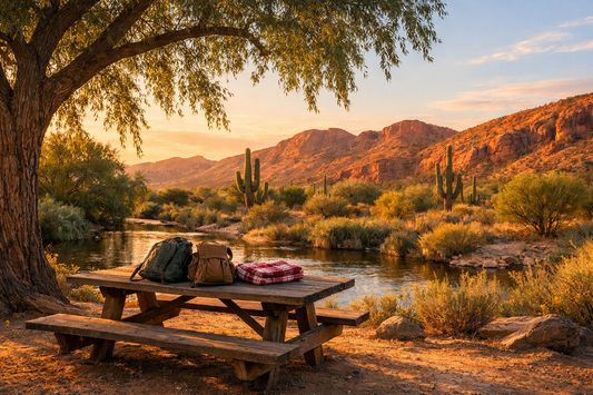 Realistic photo of a shaded picnic table beside a calm river in an Arizona desert park at sunset, with saguaro cacti, cottonwood trees, and red desert hills in the background.