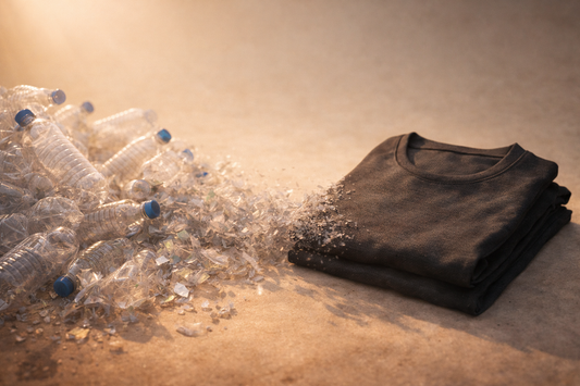 Recycled polyester T-shirt forming from plastic bottles, symbolizing eco-friendly clothing and reduced waste.