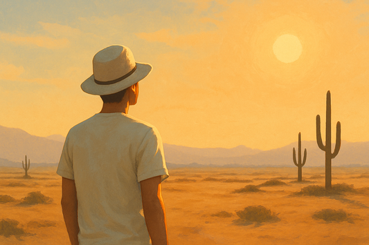Person in light T-shirt and hat standing in open Sonoran desert at sunrise, with sandy terrain, saguaro cacti and hazy mountains, evoking grounded Arizonan identity.