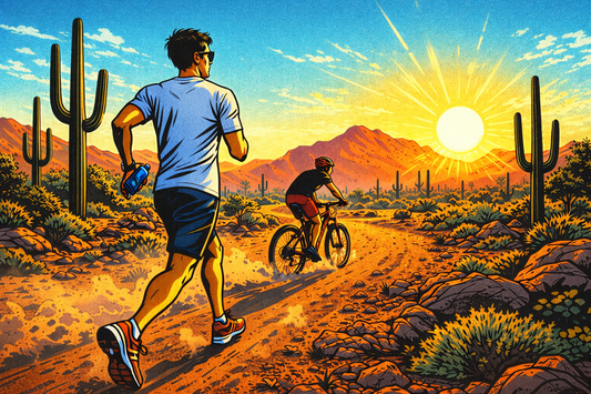 Comic-style illustration of a runner and cyclist on a desert trail during an Arizona sunrise, surrounded by saguaro cacti and mountains under bright desert sunlight.