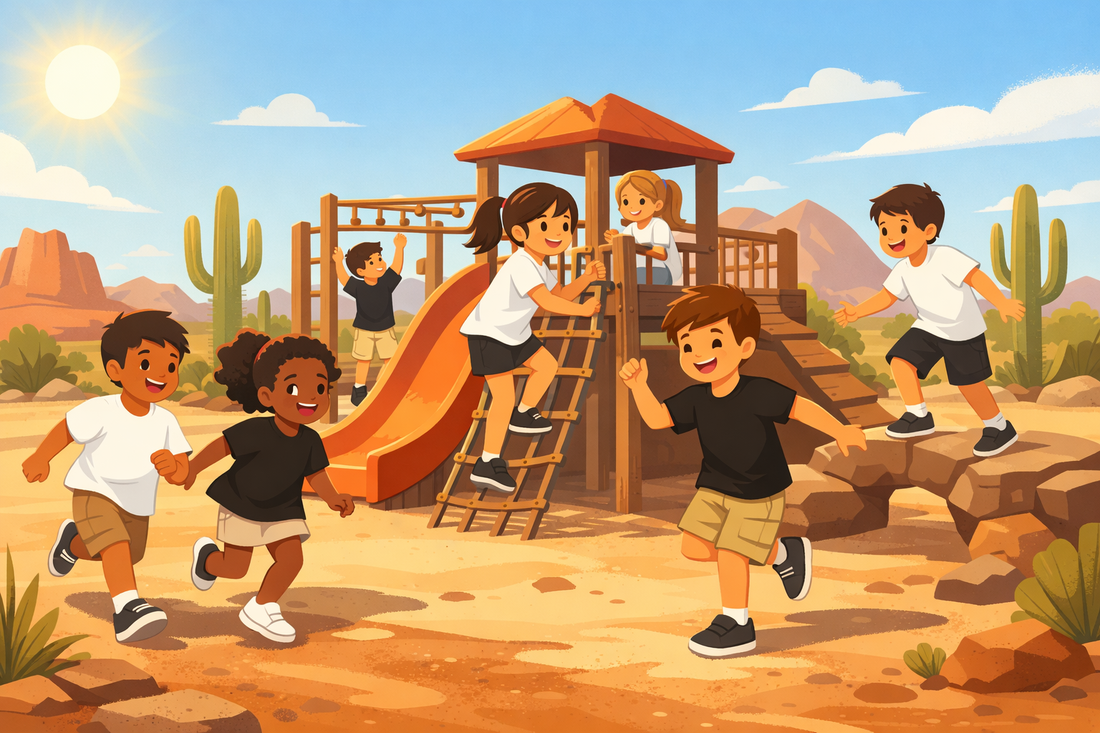 Animated illustration of diverse children playing on a desert-themed playground in Arizona, wearing solid black or white t-shirts, with saguaro cacti, red rock mountains, and a bright sunny sky in the background.