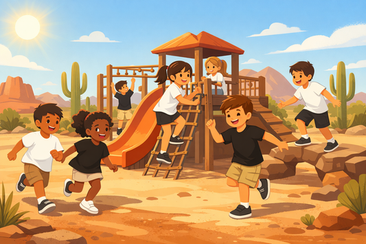 Animated illustration of diverse children playing on a desert-themed playground in Arizona, wearing solid black or white t-shirts, with saguaro cacti, red rock mountains, and a bright sunny sky in the background.