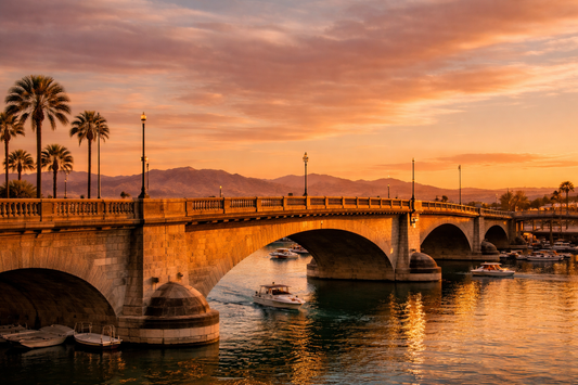 London Bridge in Lake Havasu City at sunset, spanning calm water with boats below, palm trees, and desert mountains under warm golden light.