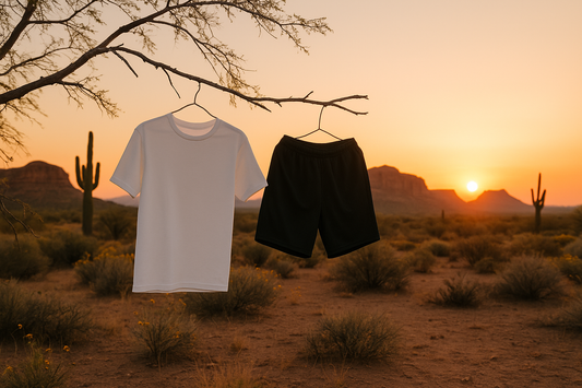 White T-shirt and black athletic shorts hanging from a desert tree branch at sunrise, with saguaro cacti, dry brush and desert mountains in the background under a warm orange sky.
