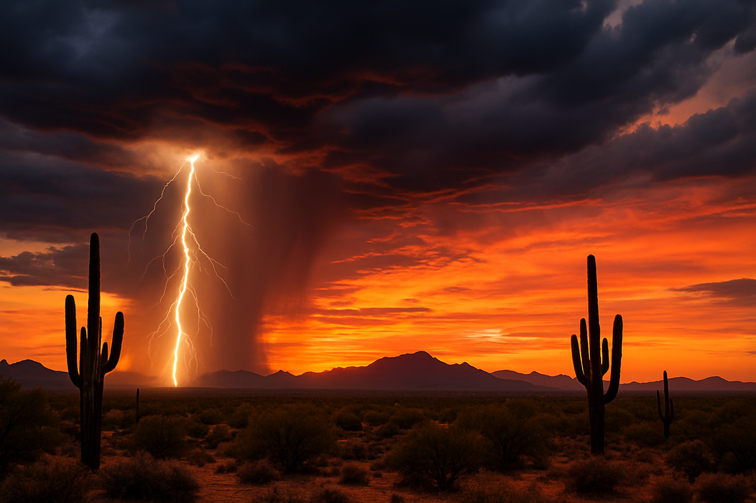 A panoramic view of an Arizona monsoon storm with lightning striking from dark clouds above desert terrain and saguaro cacti at sunset.