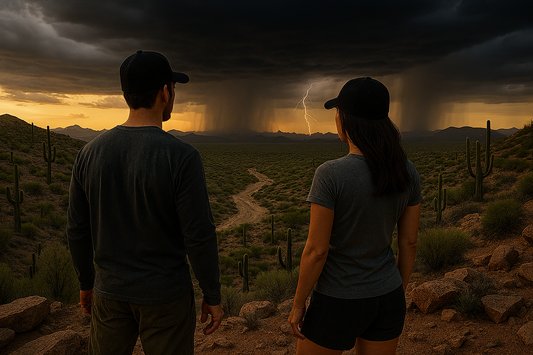 A man in a black long sleeve and a woman in a black T-shirt, both wearing black baseball caps, stand overlooking a desert wash as monsoon clouds roll in. The scene captures the rugged beauty and intensity of Arizona’s storm season.