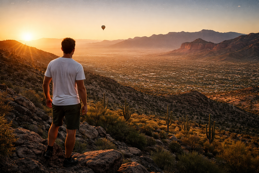 Man in white t-shirt standing on Camelback Mountain at sunrise overlooking Phoenix and the Arizona desert