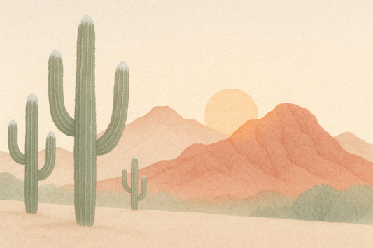 A wide, minimalist desert morning with subtle frost on cactus tips, warm sunrise on terracotta mountains, and gentle organic-cotton textures in muted earth tones.