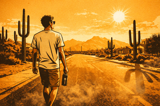 Stencil-style illustration of a young adult walking along a sunlit Arizona desert street with saguaro cacti and mountains in the background, heat shimmering off the pavement.