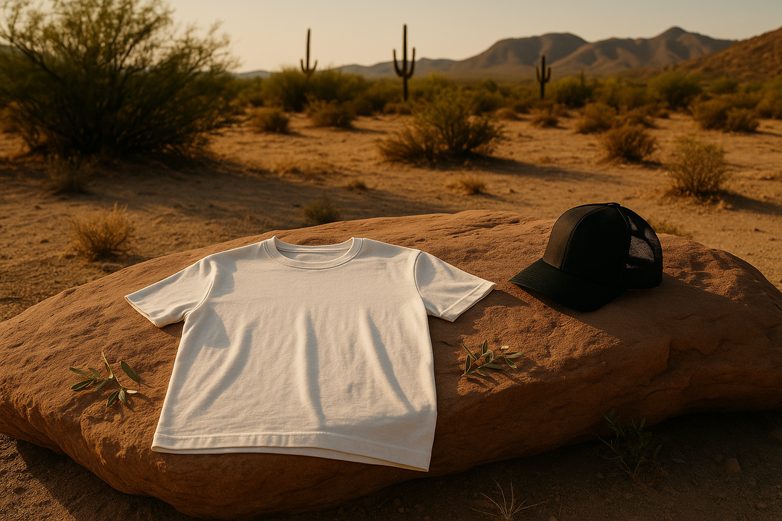 A white organic cotton T-shirt lies on warm sandstone beside a black trucker hat, surrounded by Sonoran Desert elements like mesquite leaves, shrubs and distant saguaros in soft golden light.