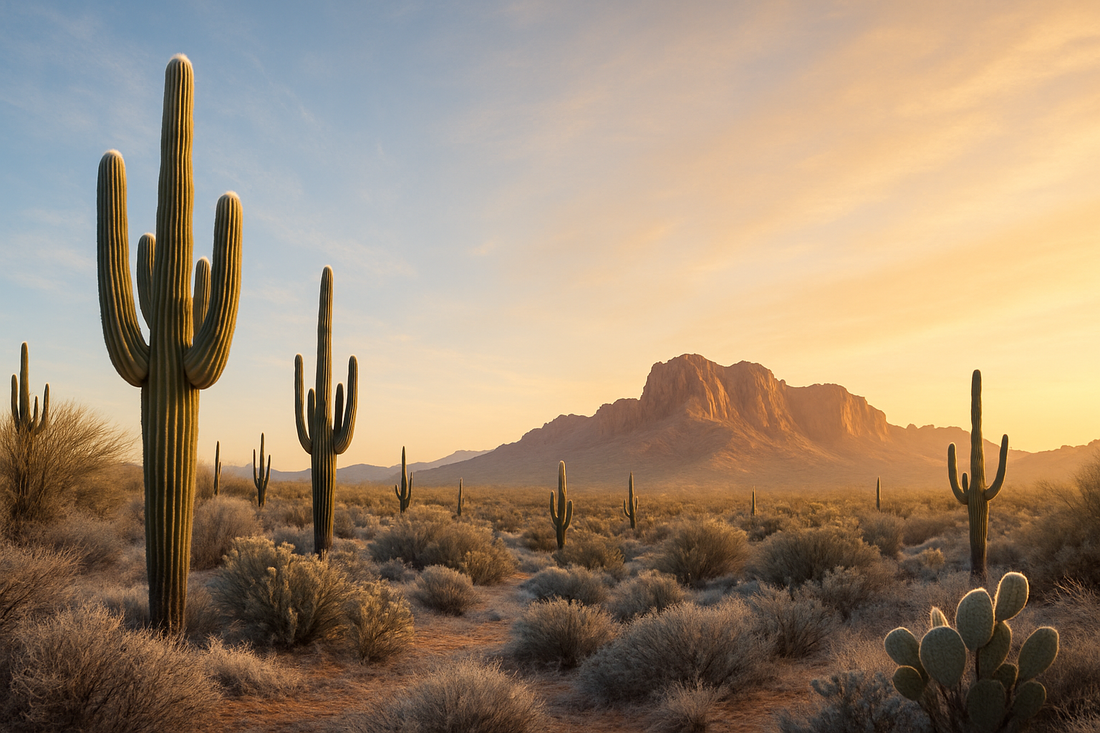 A wide desert landscape in Arizona during winter sunrise, featuring tall saguaros casting long shadows, frosted desert shrubs, and warm golden light illuminating distant red mountains under a clear pastel sky.