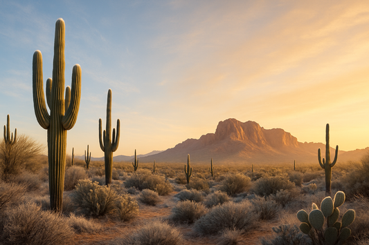 A wide desert landscape in Arizona during winter sunrise, featuring tall saguaros casting long shadows, frosted desert shrubs, and warm golden light illuminating distant red mountains under a clear pastel sky.