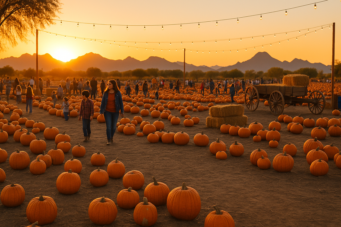 Pumpkin patch at sunset in Arizona with families walking among pumpkins, hay bales, a rustic wooden wagon, string lights overhead and desert mountains in the background.