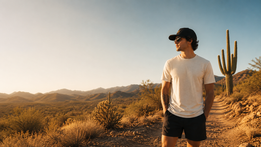 Lightweight Arizona apparel worn on a desert trail at golden hour, surrounded by saguaro cacti, rugged mountains, and Sonoran Desert landscape.