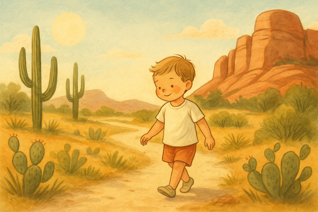 Illustration of a child in breathable organic cotton clothing walking through a sunny desert park with rock formations, saguaro cacti and dry terrain.