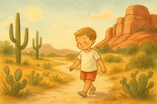 Illustration of a child in breathable organic cotton clothing walking through a sunny desert park with rock formations, saguaro cacti and dry terrain.