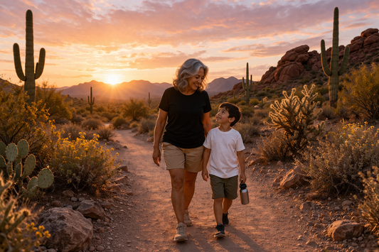 Grandmother and young boy walking a desert trail at sunrise in Arizona, wearing black and white t-shirts among saguaro cacti.