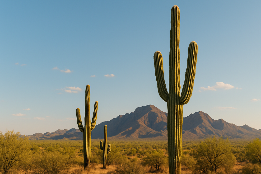 Wide-angle photo of Arizona desert with tall saguaro cacti, warm evening sunlight, and distant mountain backdrop under a clear blue sky.