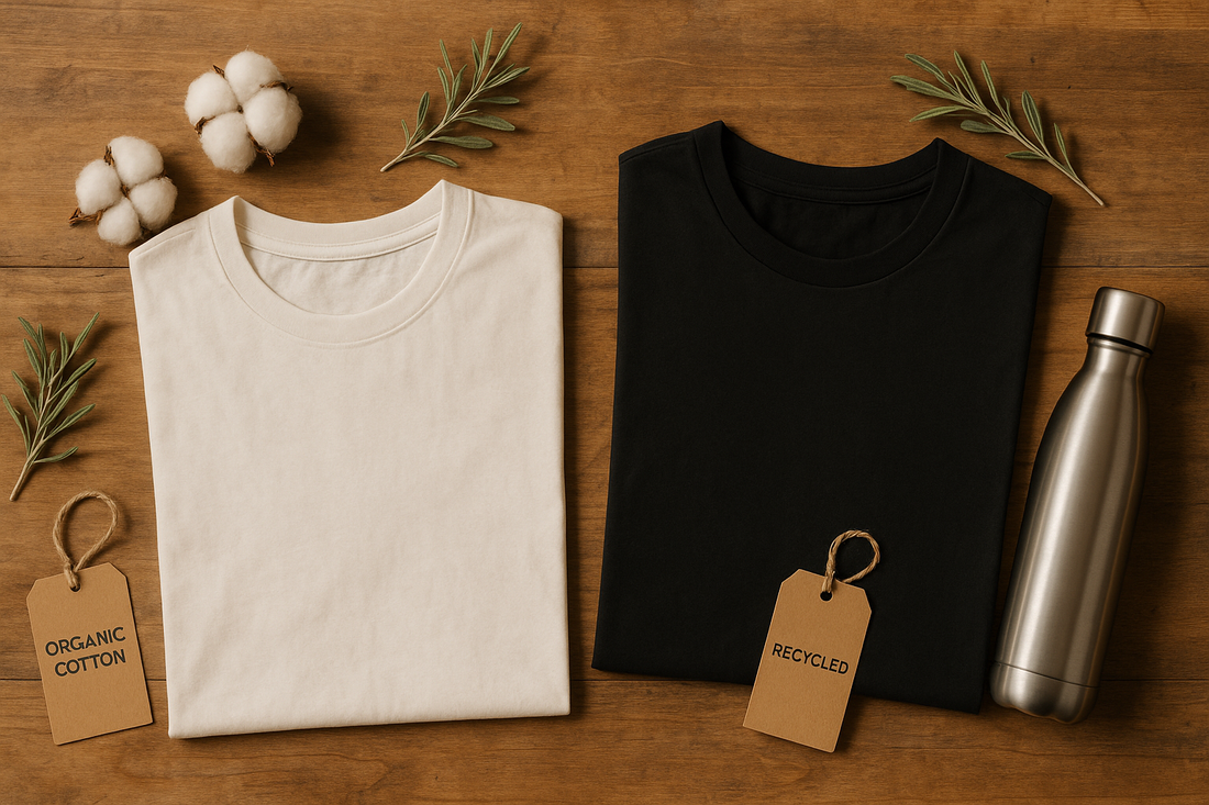 Flay-lay of white organic cotton and black recycled polyester t-shirts on wood with cotton bolls, sage sprigs and a metal bottle in warm natural light.