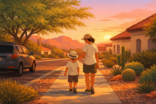 Parent and child walk along a shaded sidewalk in an Arizona desert neighborhood at sunset, with red rock mountains, stucco homes, and cacti bathed in warm golden light.